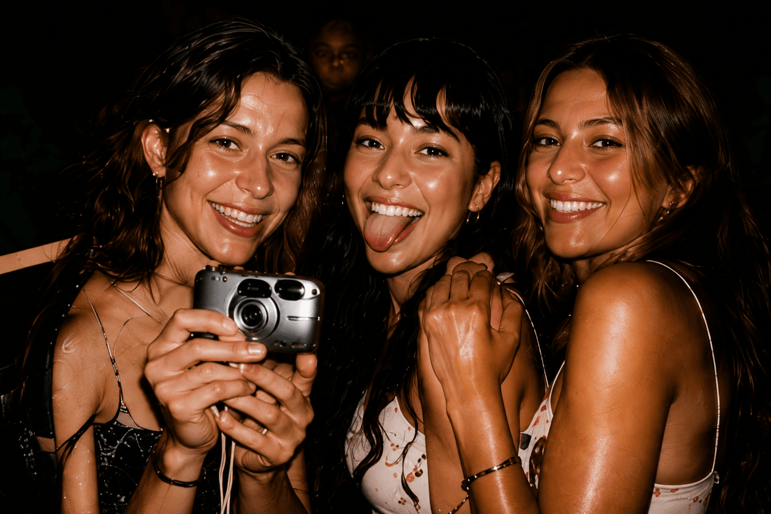Three friends posing with a compact digital camera at a nighttime party