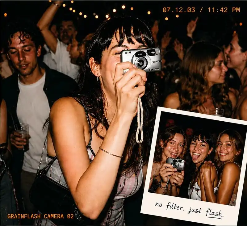 Friends passing a Y2K digital camera around at a party